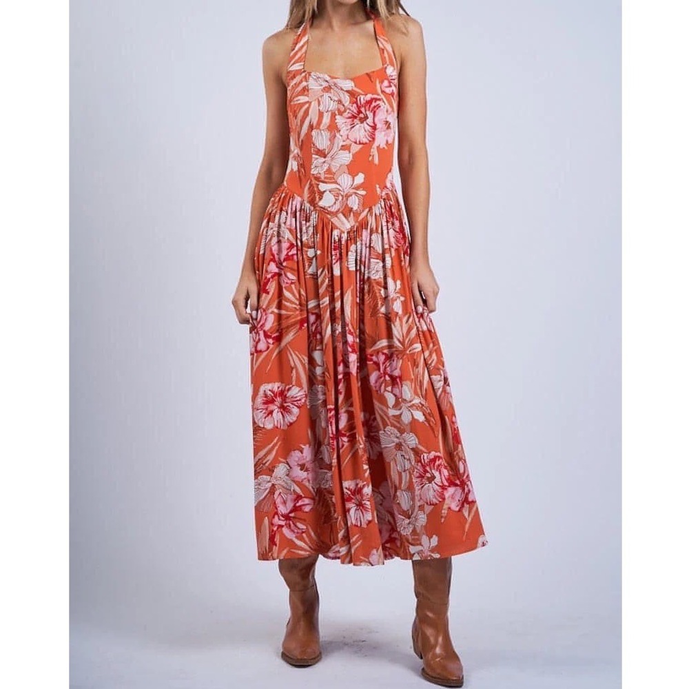 Sky to Moon Tropical Floral Halter Neck Midi Dress Orange Pink SM-D20853C nn
